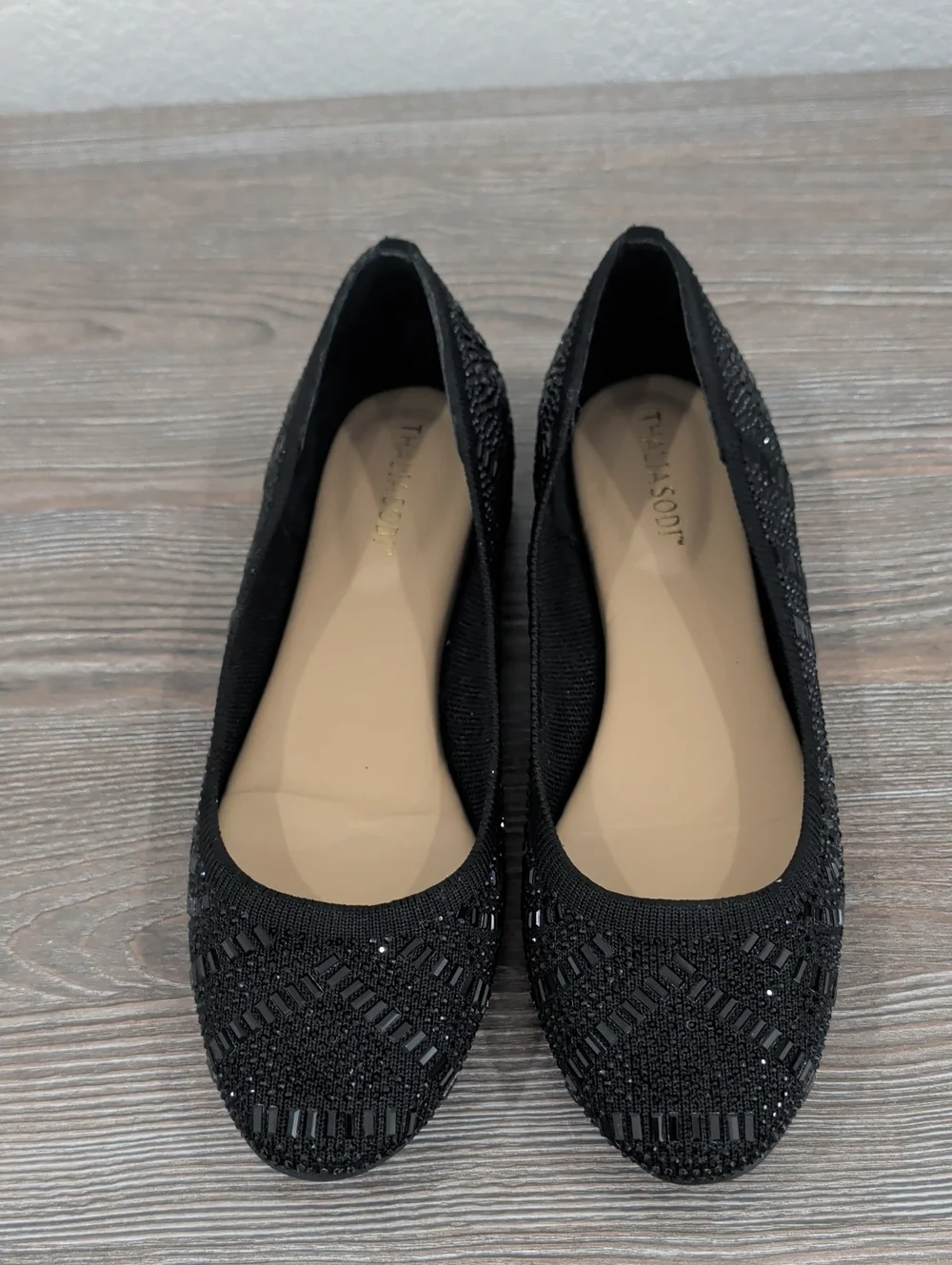 Near New Thalia Sodi KARLI Black Embellished Slip On Ballet Flats 8